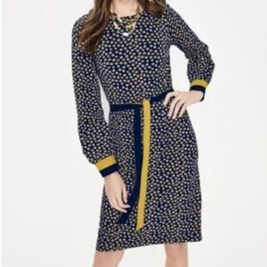 Boden Dress Womens Size 4 Midi Long Sleeve Tie Waist Navy Yellow Star Print